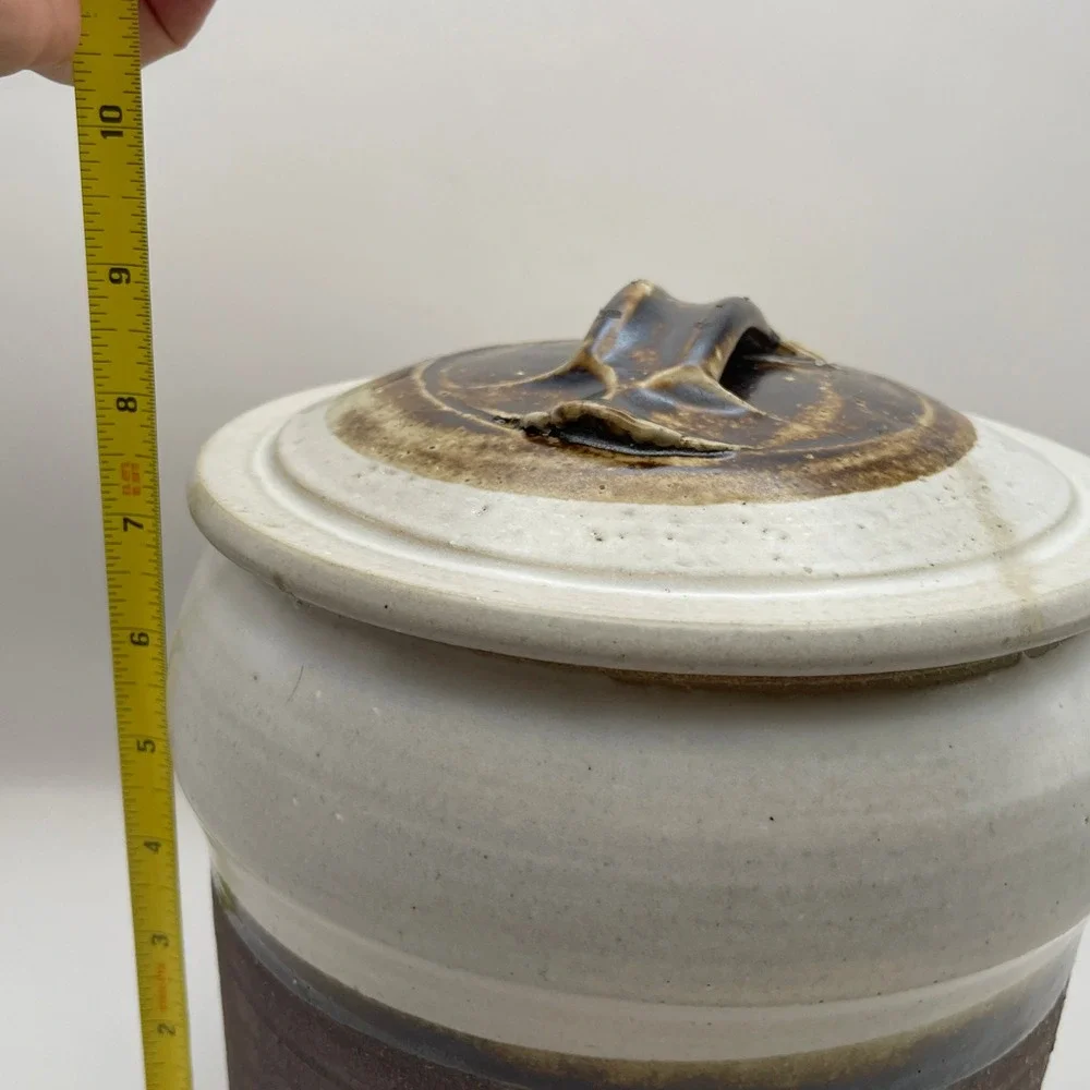 Vintage Signed Studio Pottery Lidded Jar Two Tone White Brown Stoneware Canister